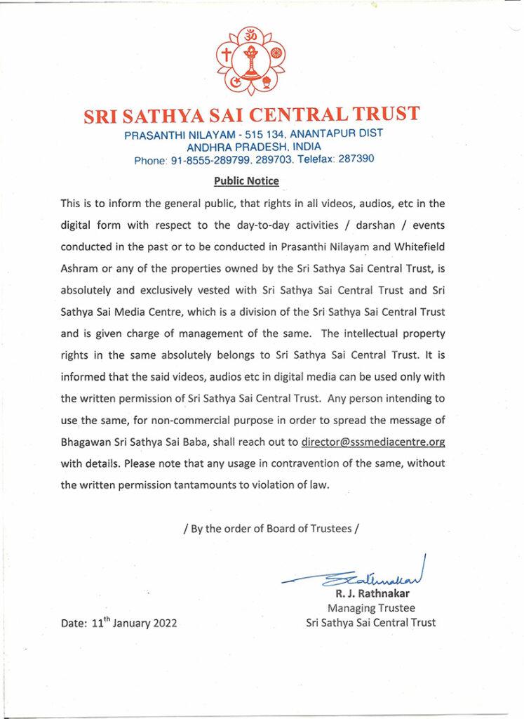 Public Notice - Digital Rights Of Sri Sathya Sai Central Trust.